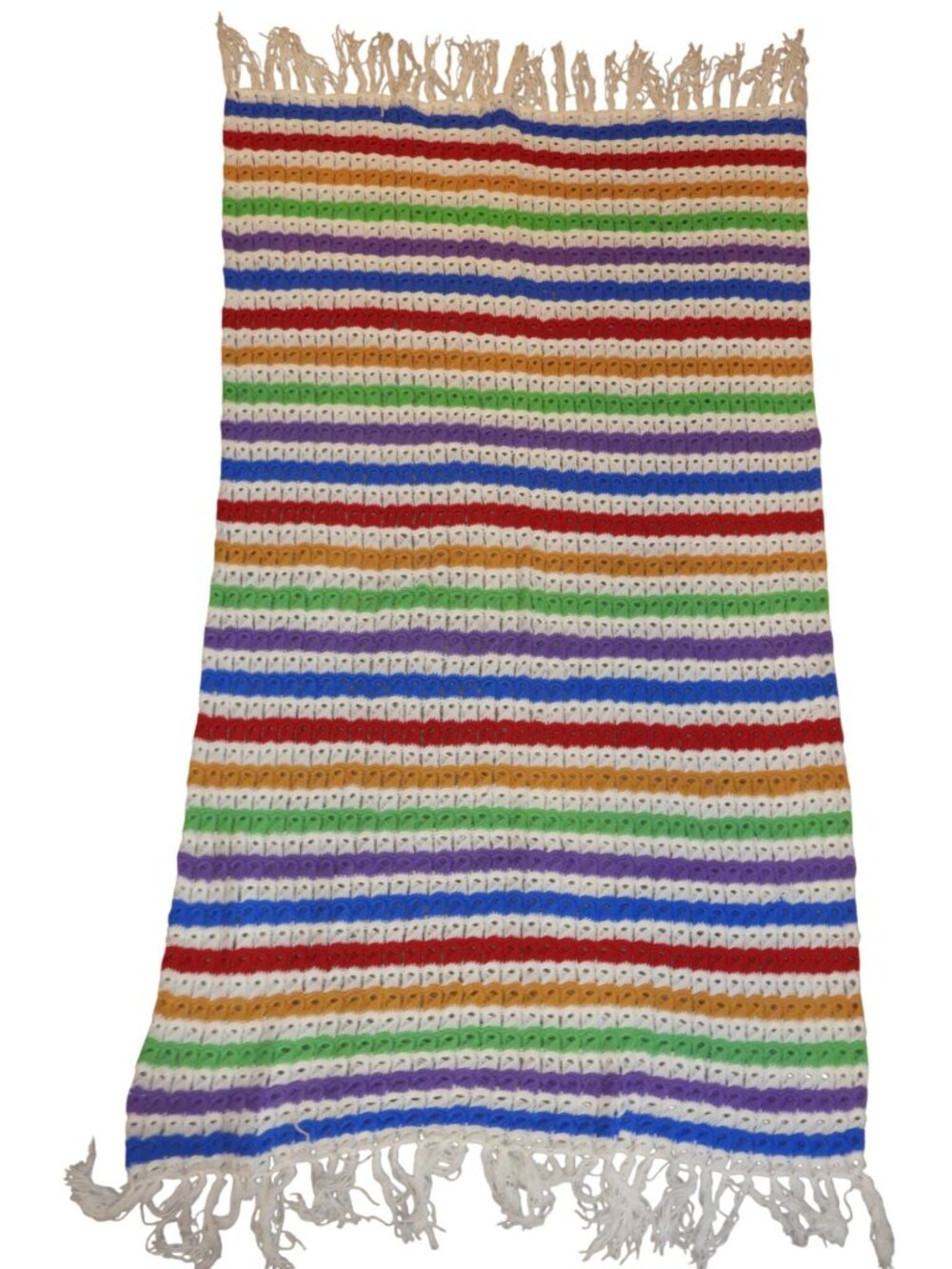 Vintage 1970s Broomstick Lace Colorful Rainbow Stripe Throw Blanket  44"x73"